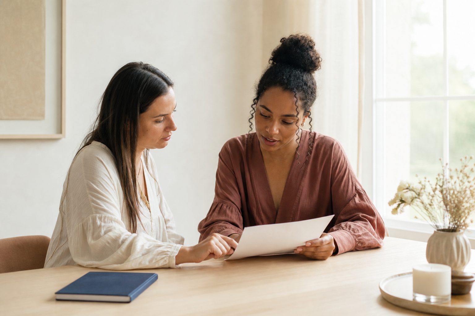 Two doulas reviewing a printed backup agreement at a sunlit pale wood table