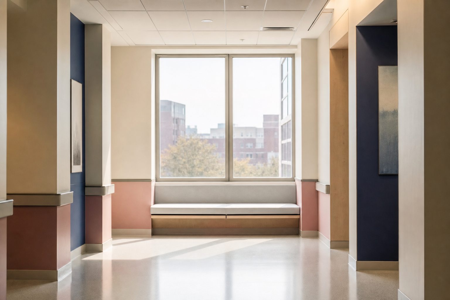 A bright, empty hospital corridor with a pale bench and soft daylight through a window