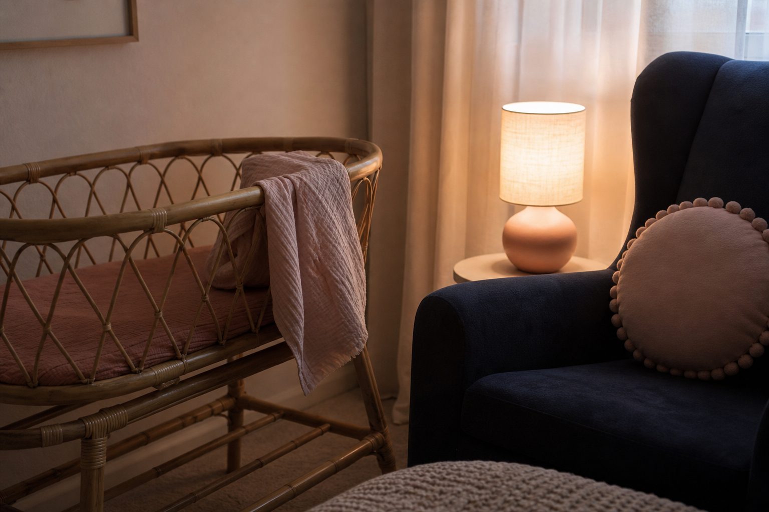 A quiet nursery corner at dawn with a bassinet, folded blanket, and a low lamp