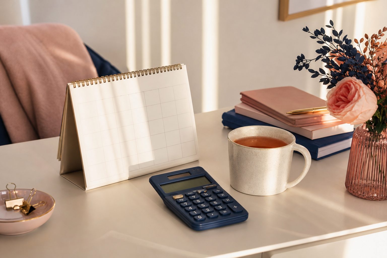 A bright home desk with a paper calendar, calculator, and tea used for setting doula fees