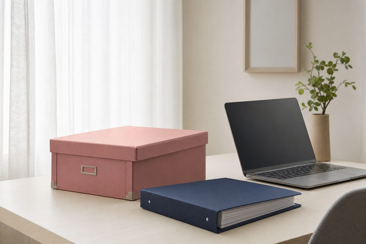 A closed file box and laptop on a pale desk in a bright, curtained room
