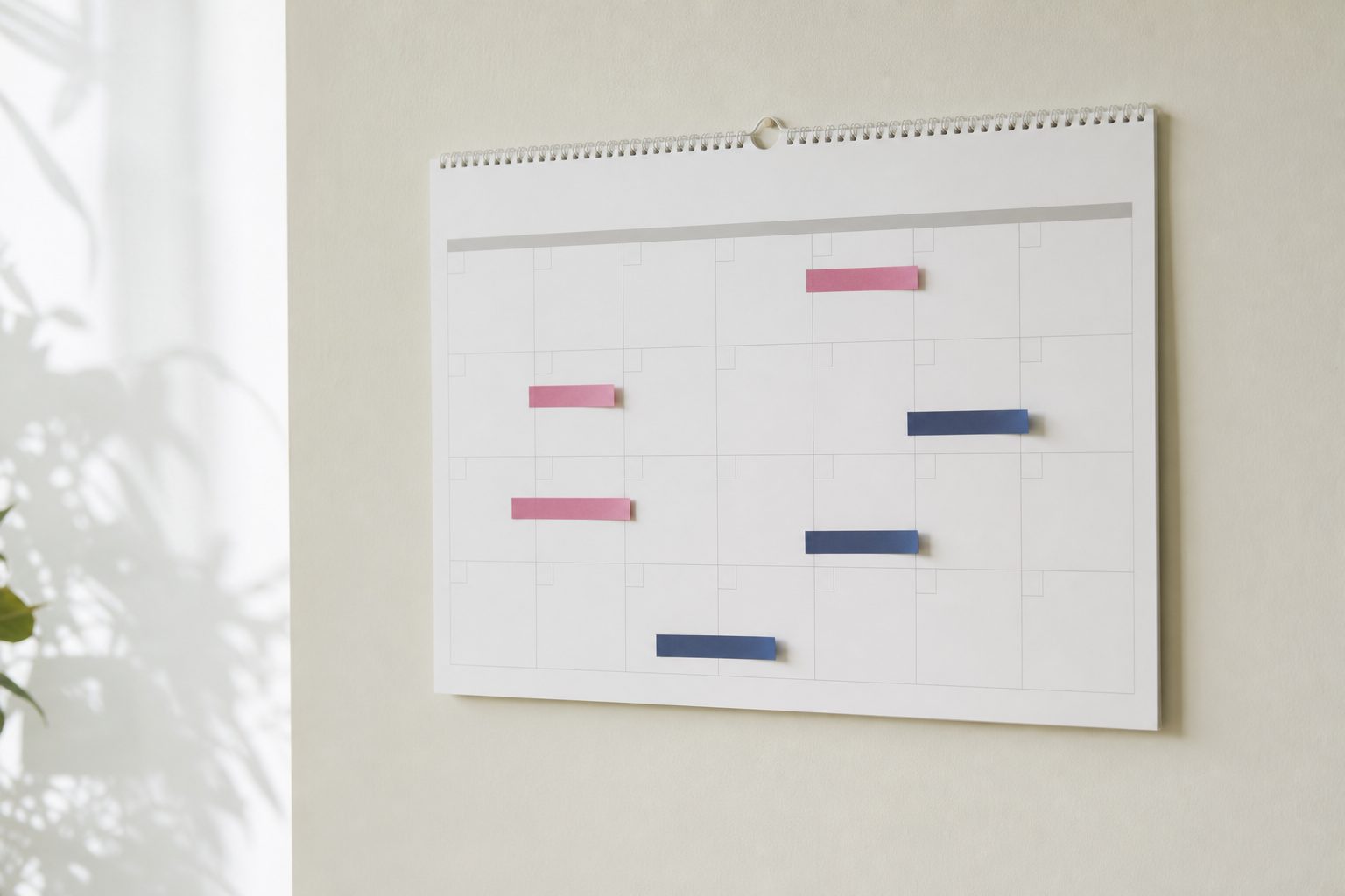 A paper wall calendar marked with colored tabs showing overlapping date ranges