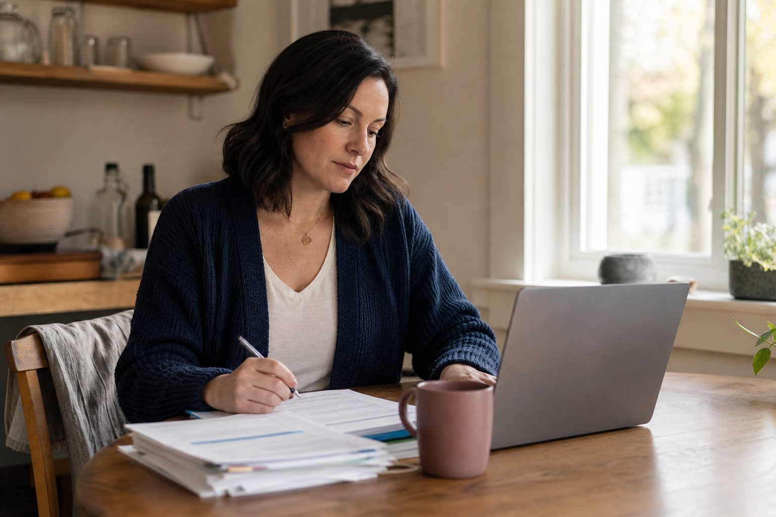 A doula working through enrollment forms on a laptop at a bright kitchen table