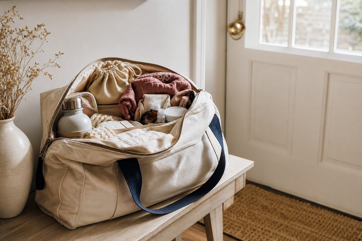 An open canvas doula bag with contents arranged neatly on a bench by a front door