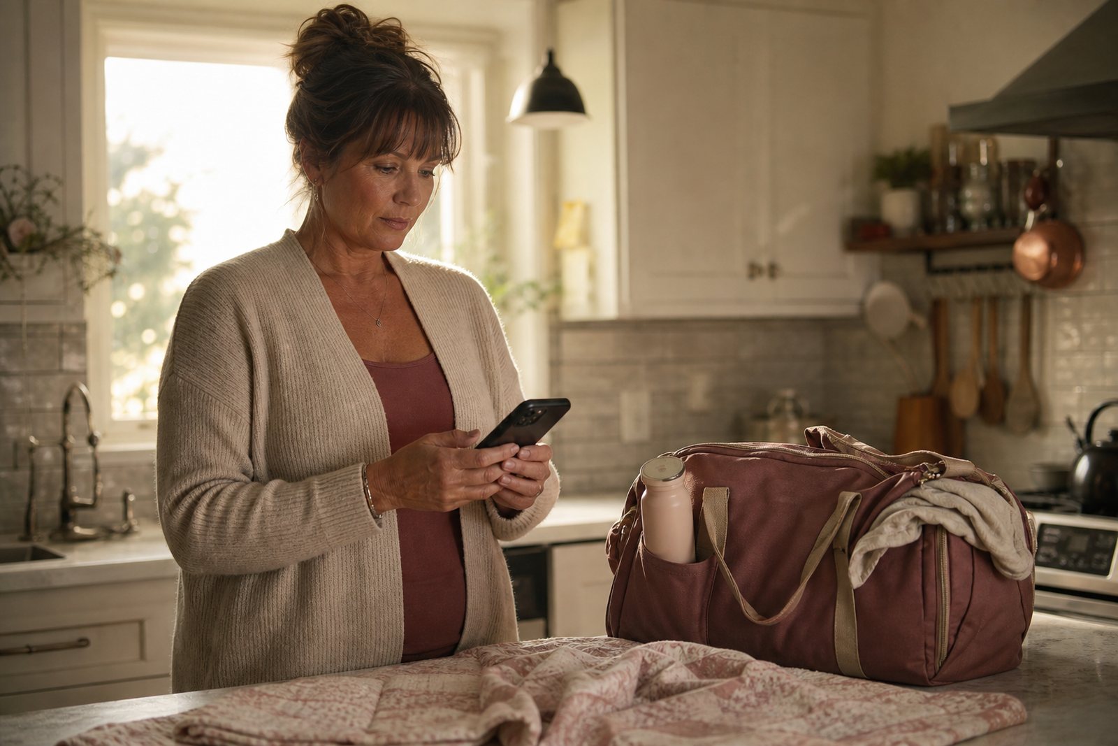 Doula in her forties checking her on call calendar on a phone in a softly lit kitchen at dawn with a packed birth bag on the counter