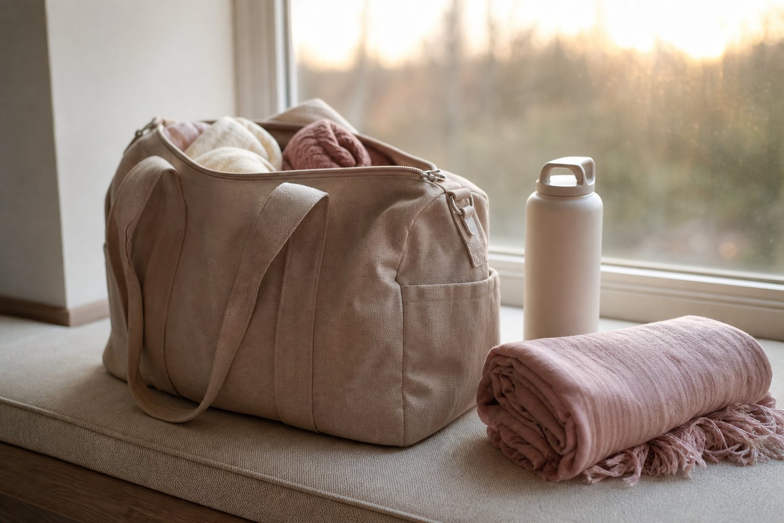 Packed doula birth bag, a water bottle and a folded wrap resting on a bench by a window at first light